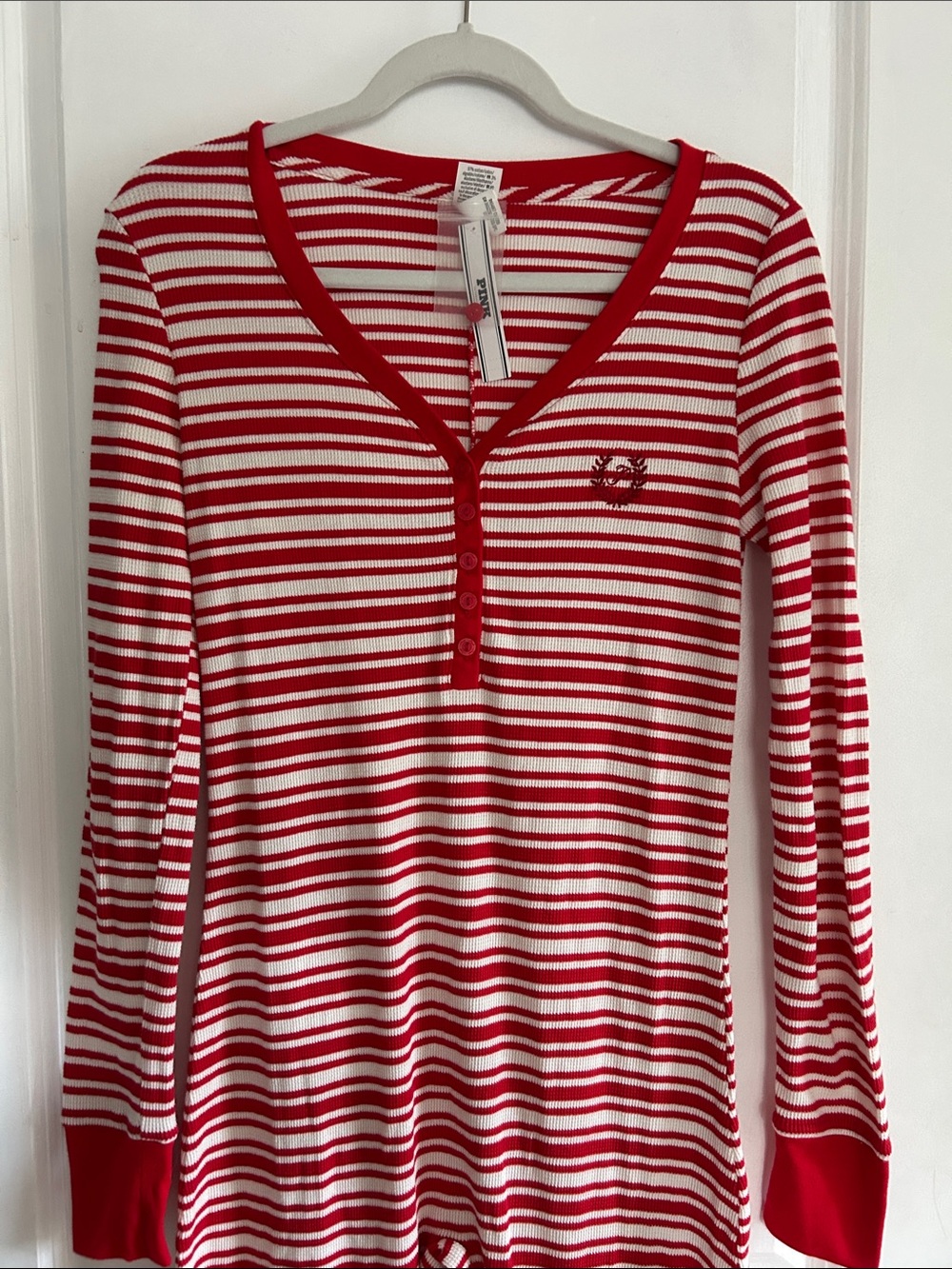 Victoria’s Secret Pink Red & White Striped V‑Neck Long John Romper PJ Size Small